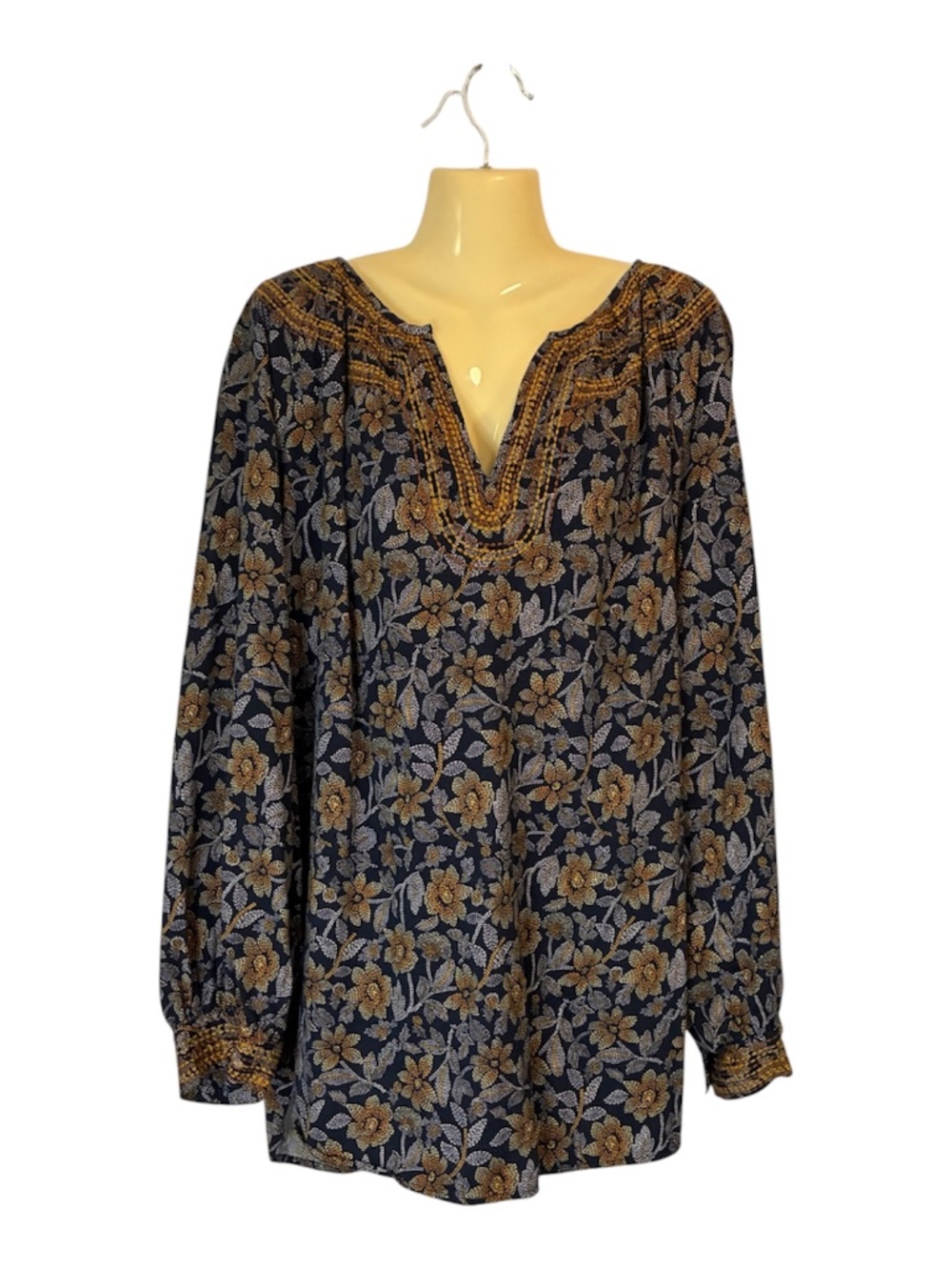 J. Jill Bohemian Peasant Blouse Tunic Top Floral Flowy Chic Navy Gold Plus Sz 4X
